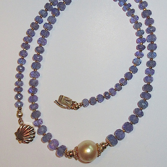 GOLDEN TAHITIAN PEARL & FACETED TANZANITE NECKLACE - Picture 6 of 8